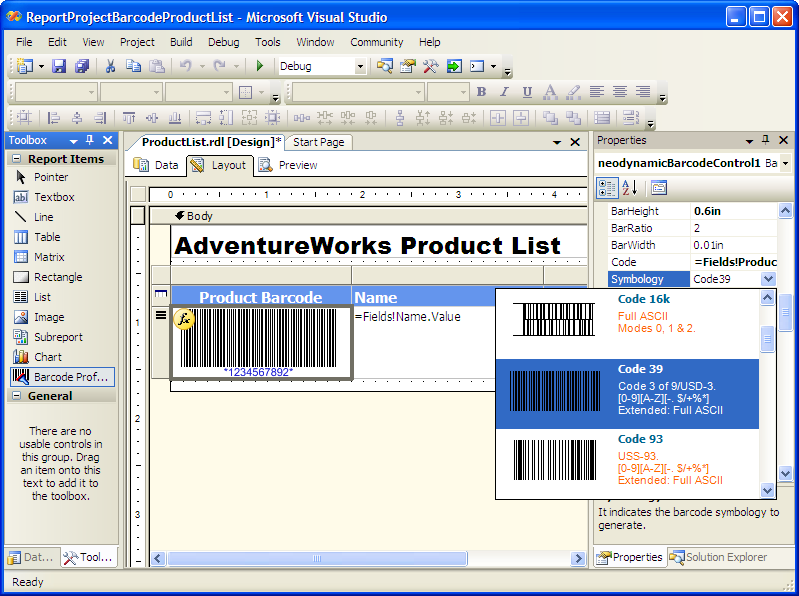 MS SQL Reporting Services Barcode .NET 7.0 software screenshot
