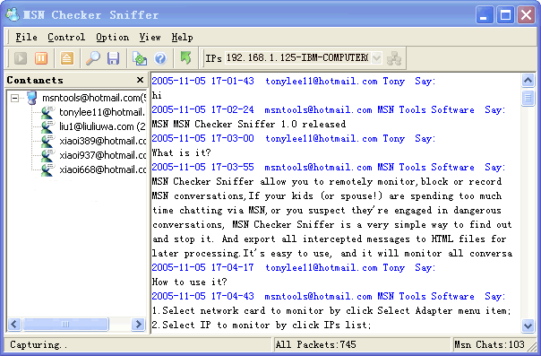 MSN Checker Sniffer 2.5.2 software screenshot