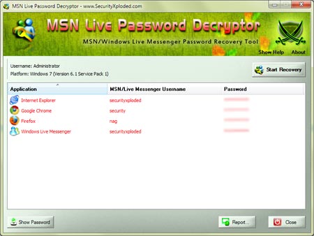 MSN Live Password Decryptor 8.0 software screenshot