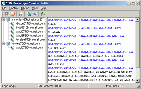 MSN Messenger Monitor Sniffer 3.5 software screenshot