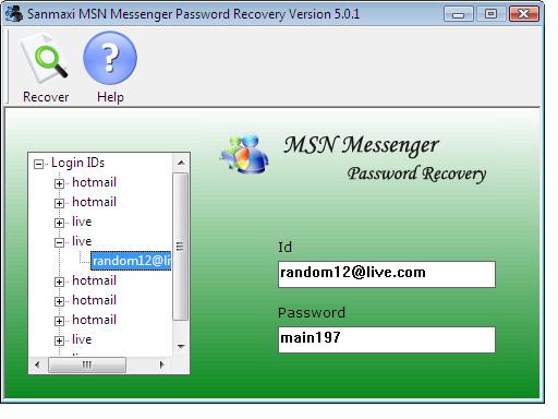 MSN Messenger Password Restore Tool 5.0.1 software screenshot