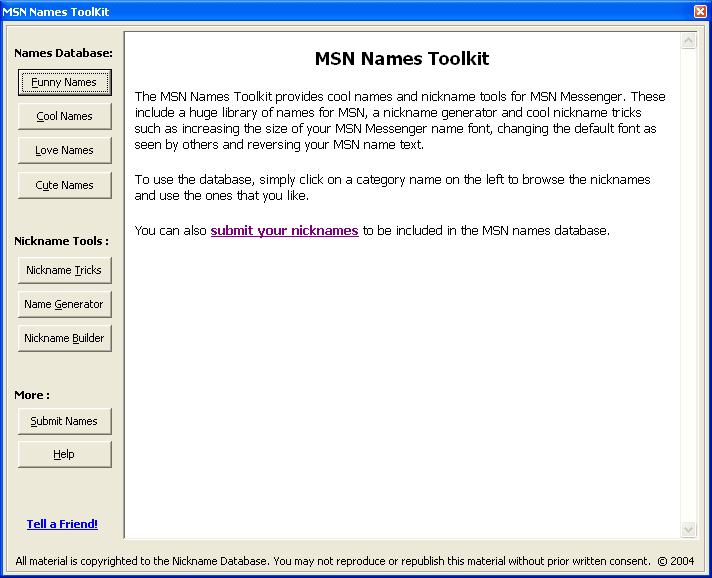 MSN Names Toolkit 1.0 software screenshot