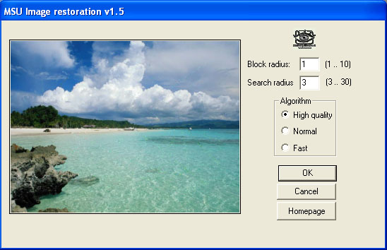 MSU Image Restoration Photoshop plugin 1.5 software screenshot