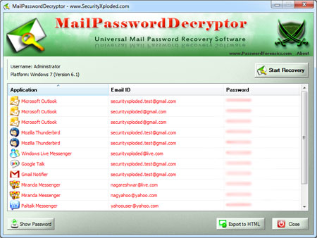 Mail Password Decryptor 7.5 software screenshot