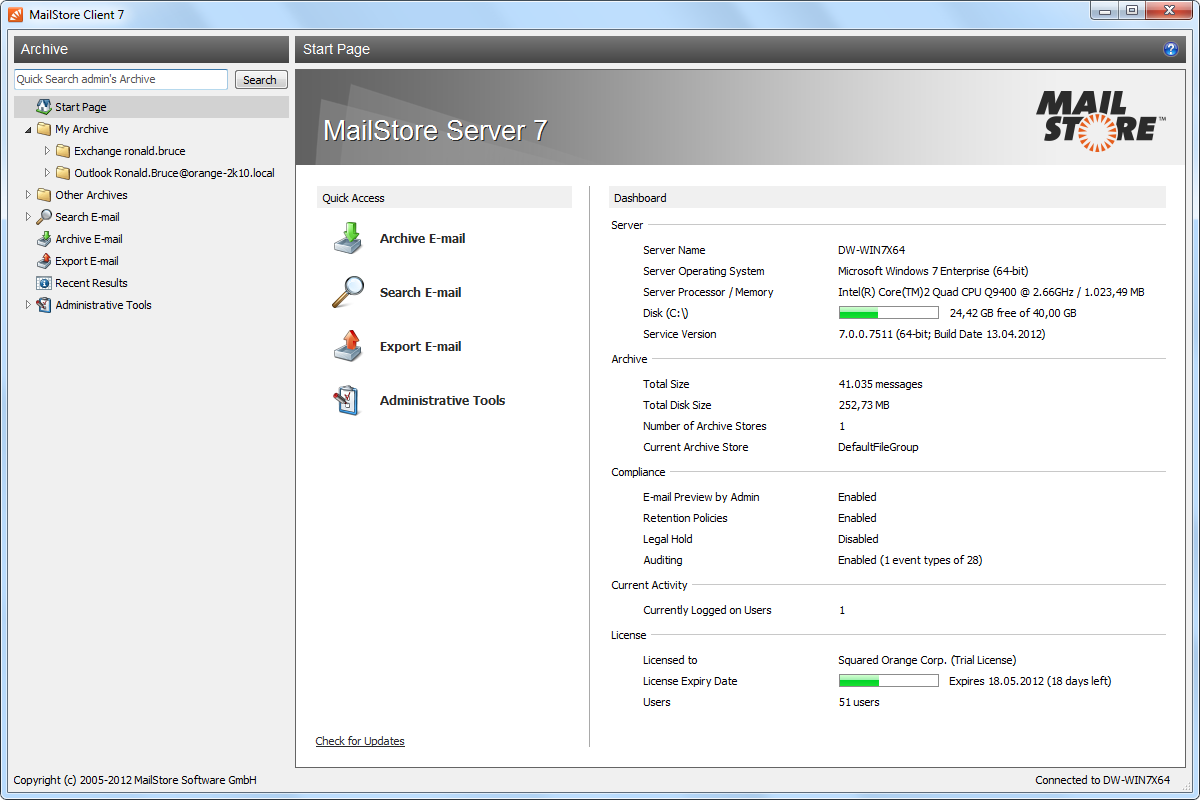 MailStore Server 9.8.2.11781 software screenshot