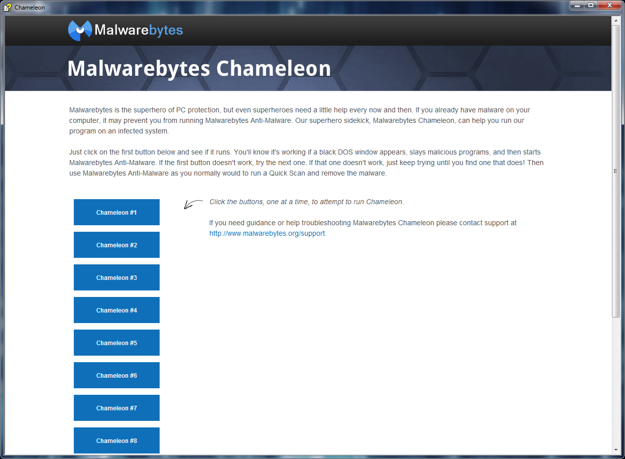 Malwarebytes Chameleon 3.1.33.0 software screenshot