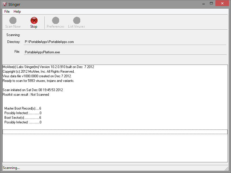 Portable McAfee Stinger 12.1.0.2400 software screenshot