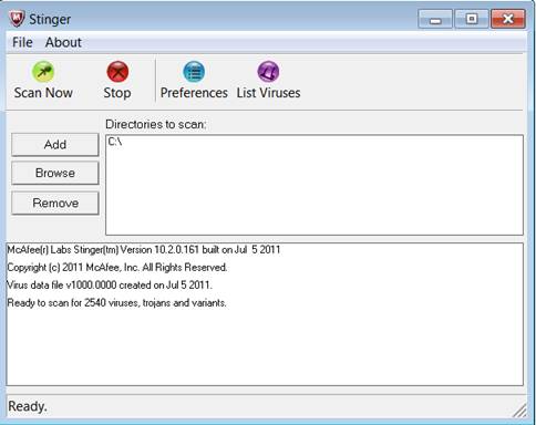 McAfee AVERT Stinger Conficker 10.0.1.551 software screenshot