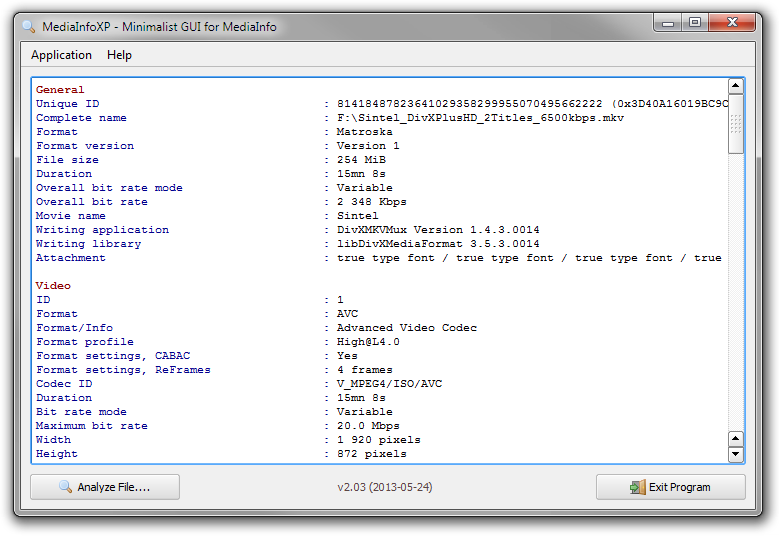 MediaInfoXP 2.26 software screenshot