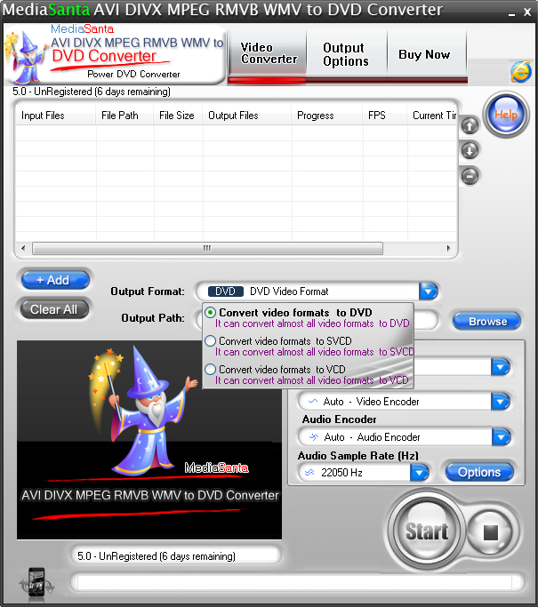 MediaSanta AVI DIVX MPEG RMVB WMV to DVD Converter 5.0 software screenshot