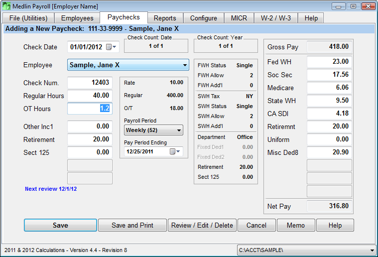 Medlin Payroll Software 2012 software screenshot