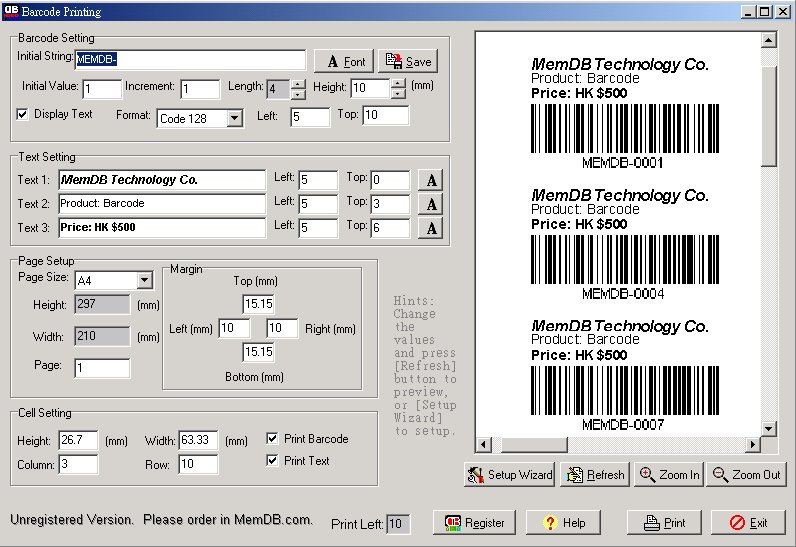 MemDB Barcode Printing System 2.0 software screenshot