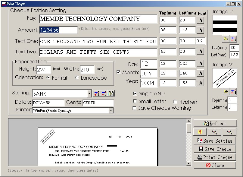 MemDB Cheque Printing System 1.1 software screenshot