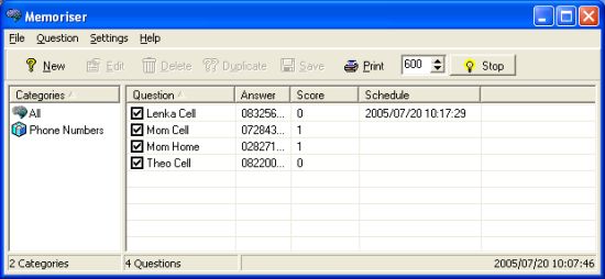 Memoriser 1.2.0.0 software screenshot