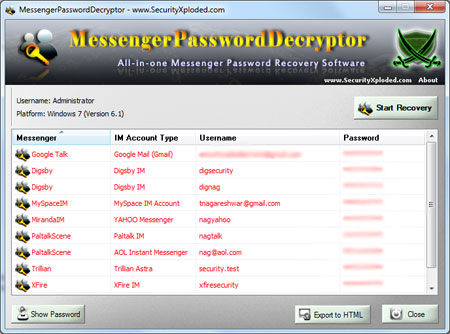 MessengerPasswordDecryptor 6.0 software screenshot