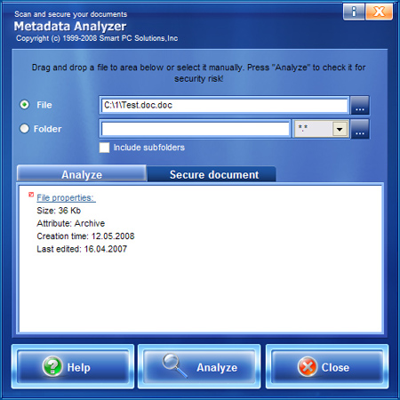 Metadata Analyzer 2.2 software screenshot