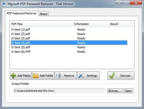 Mgosoft PDF Password Remover 9.5.12 software screenshot