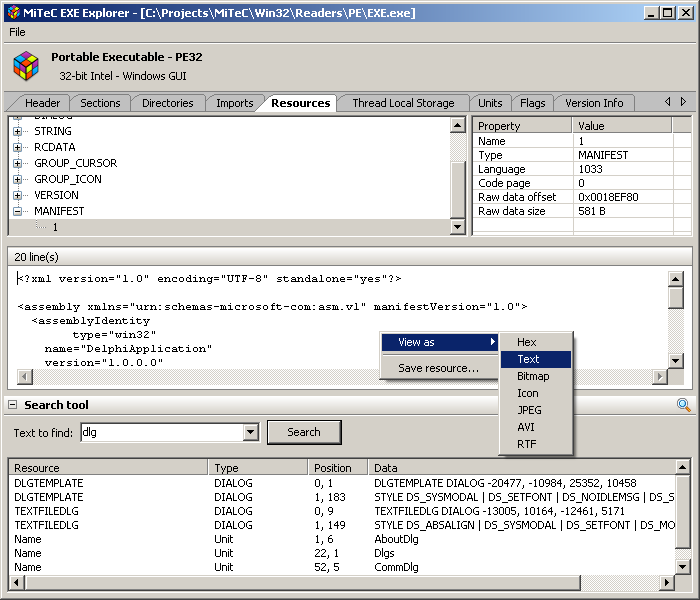 MiTeC EXE Explorer 1.5.2.0 software screenshot