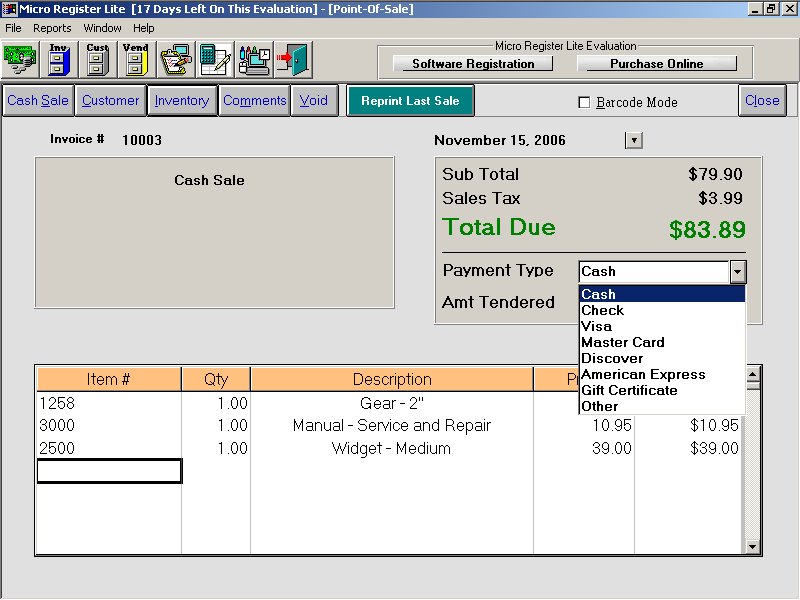 Micro Register Lite Point-Of-Sale System 5.5 software screenshot