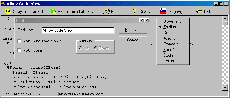 Mihov Code View 1.11 software screenshot