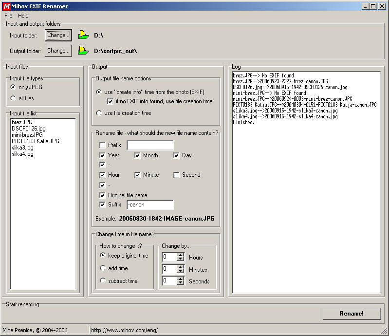 Mihov EXIF Renamer 3.0 software screenshot