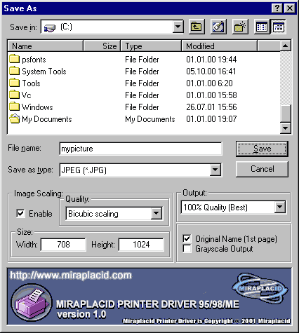 Miraplacid Printer Driver 95/98/ME 1.0 software screenshot