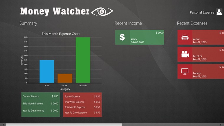 Money Watcher for Windows 8  software screenshot