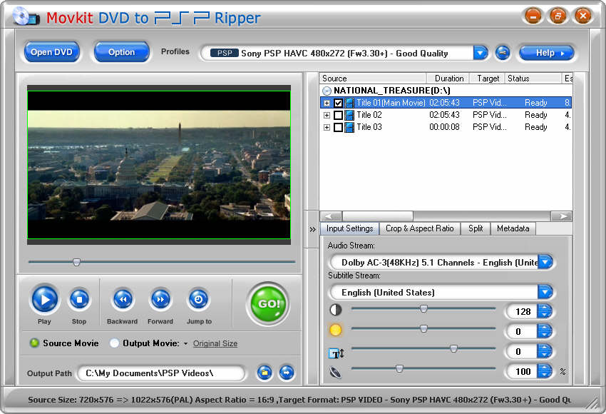 Movkit DVD to PSP Ripper 5.0.0 software screenshot