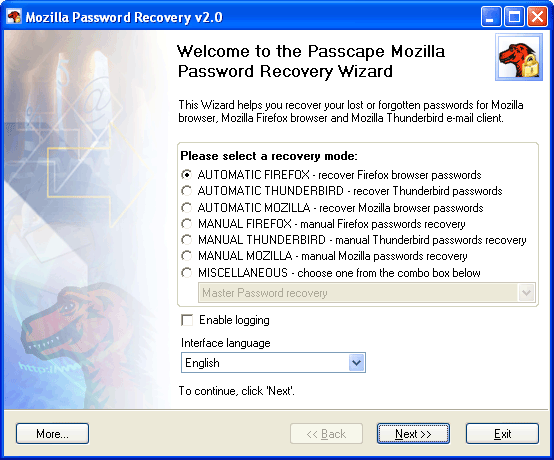 Mozilla Password Recovery 5.7.0.487 software screenshot