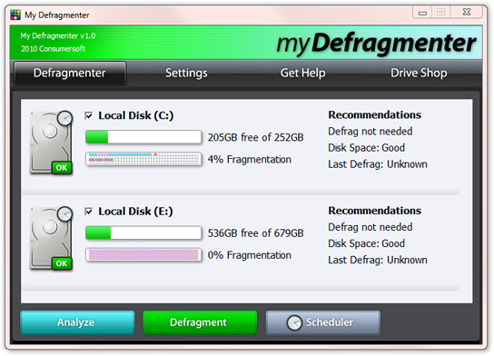 My Defragmenter 1.1 software screenshot