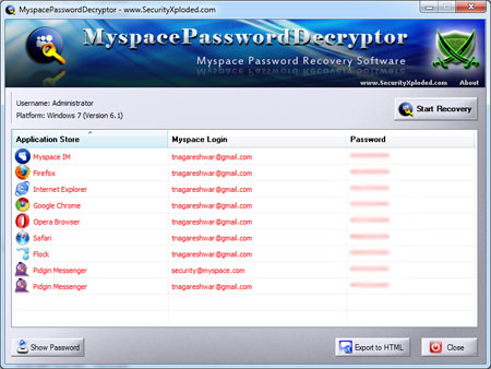 Myspace Password Decryptor 4.0 software screenshot