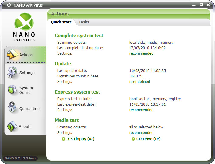 NANO AntiVirus 0.30.26.69973 Beta  software screenshot