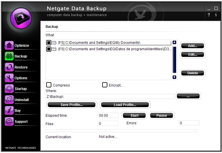 NETGATE Data Backup 3.0.505.0 software screenshot