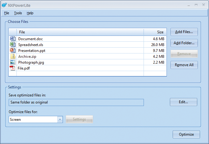 NXPowerLite Desktop 7.0.6 software screenshot