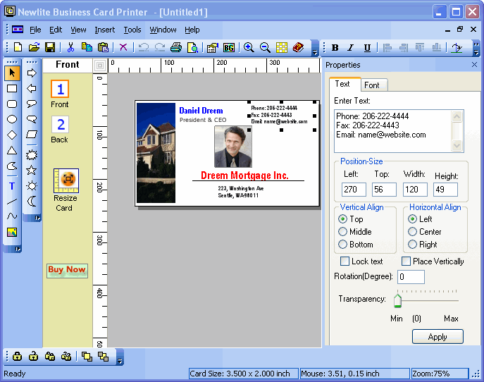 Newlite Business Card Printer 2.0 software screenshot