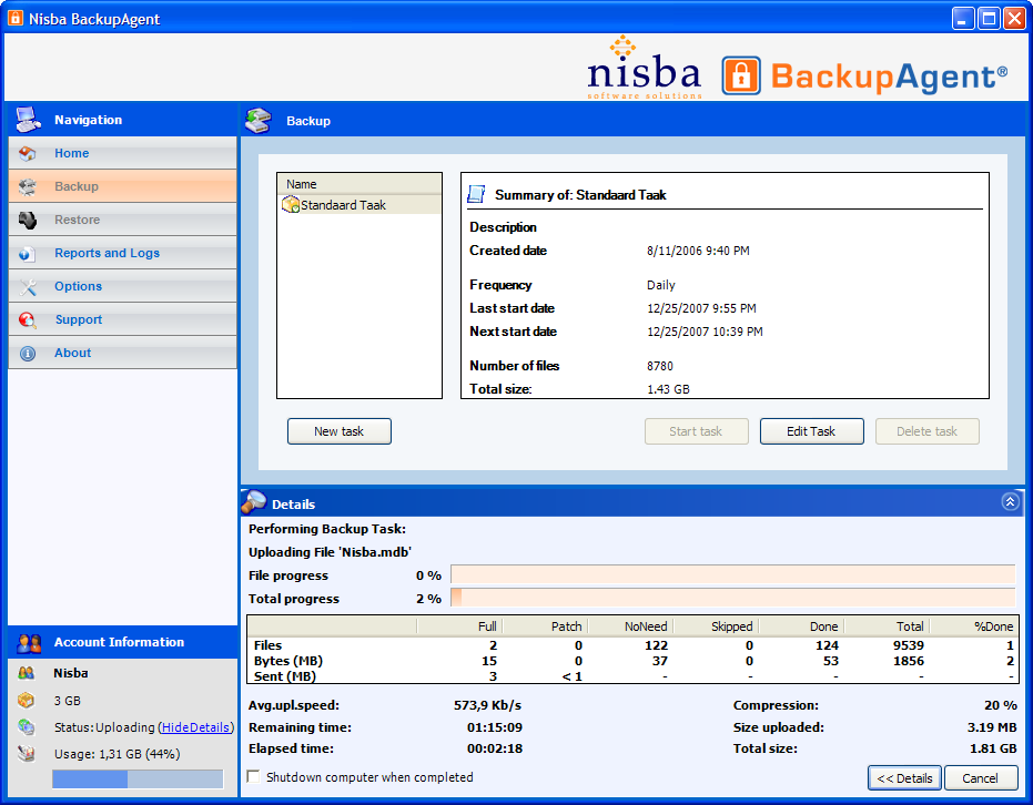 Nisba BackupAgent 700mb subscription 3.13.1.1 software screenshot