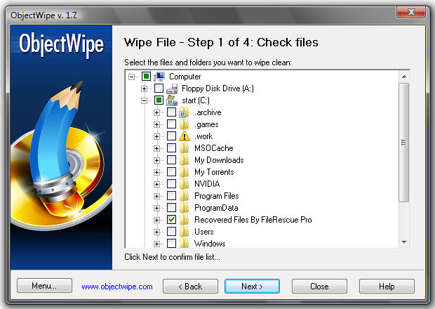 ObjectWipe 1.7 software screenshot