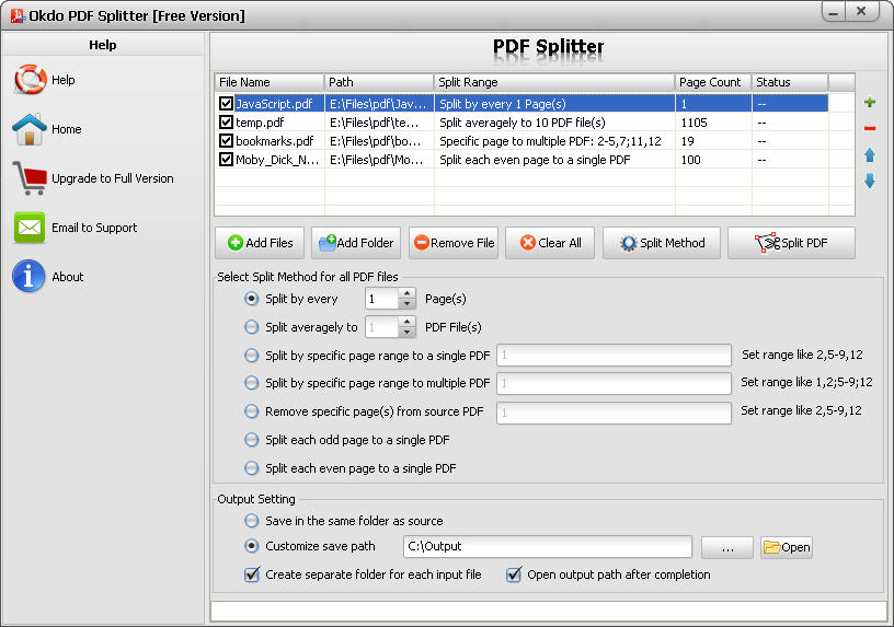Okdo PDF Splitter 2.3 software screenshot