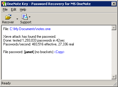 OneNote Password Recovery Key 7.1 software screenshot