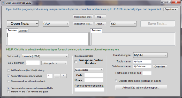Opal-Convert Excel/CSV to SQL 2.35 software screenshot