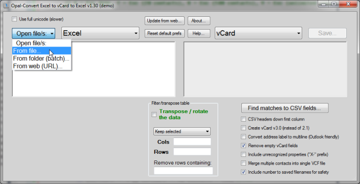 Opal-Convert Excel to vCard to Excel 2.2 software screenshot