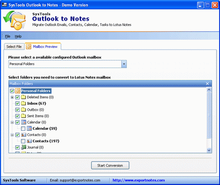 Open Outlook PST file in Notes NSF 6.0 software screenshot