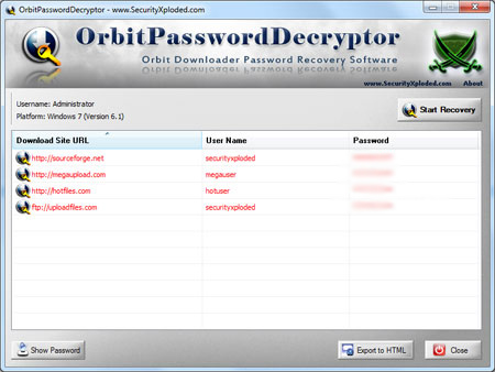 Orbit Password Decryptor 2.0 software screenshot