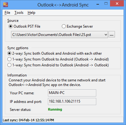 Outlook-Android Sync 1.55 software screenshot