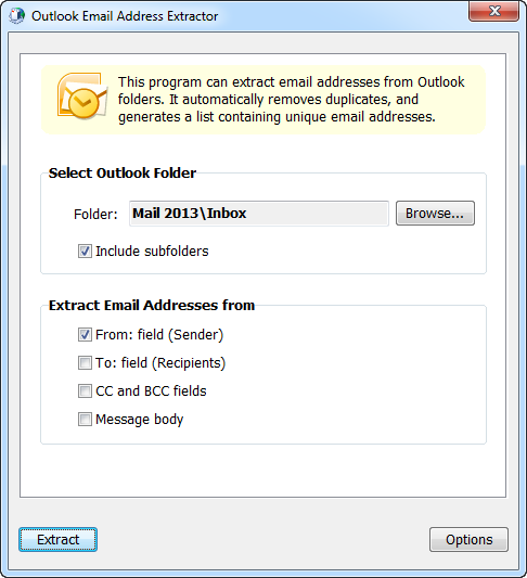 Outlook Email Address Extractor 7.3.0.730 software screenshot
