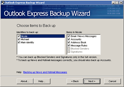 Outlook Express Backup Wizard 1.1 software screenshot
