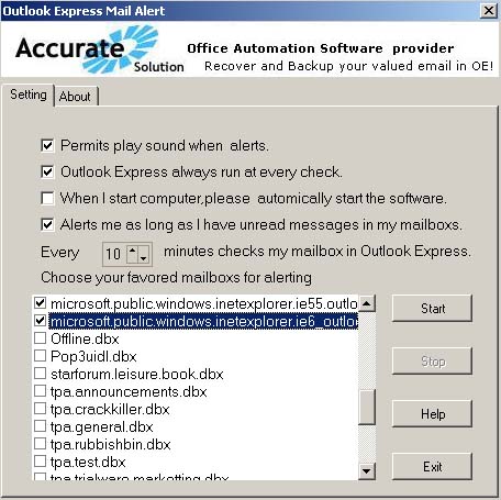 Outlook Express Mail Alert 2.1 software screenshot