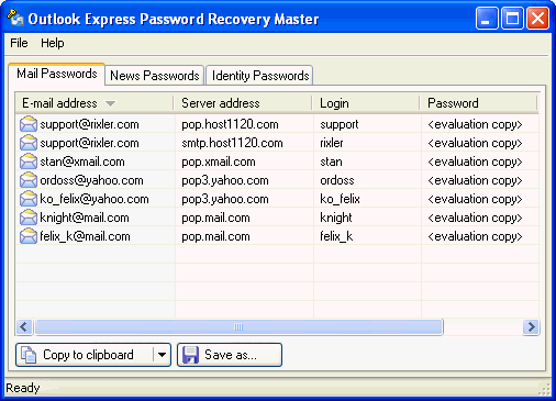 Outlook Express Password Recovery Master 1.2 software screenshot