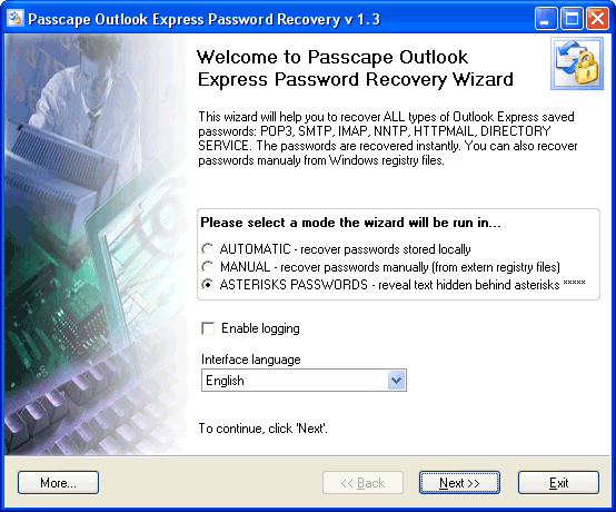 Outlook Express Password Recovery 1.12 software screenshot