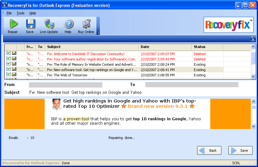 Outlook Express Repair 4.02.01 software screenshot